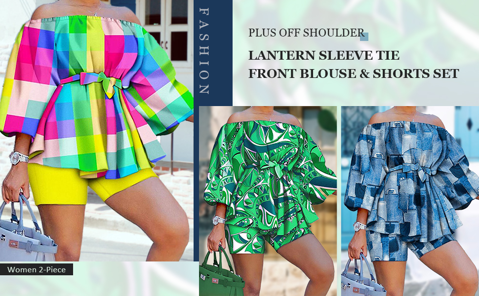 Plus Off Shoulder Lantern Sleeve Tie Front Blouse Shorts Set