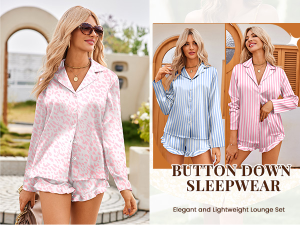 Womens Satin Pajama Sets Long Sleeve Top and Shorts Lounge Set Button Down Sleepwear S-XXL