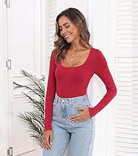 Sexy square neck bodysuits tops for women long sleeve fall winter spring