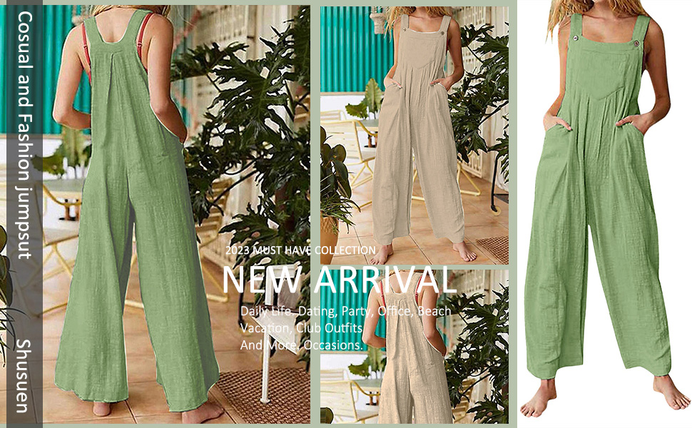 Womens Casual Sleeveless Strap Loose Adjustable Jumpsuits Stretchy Long Pants Romper with Pockets