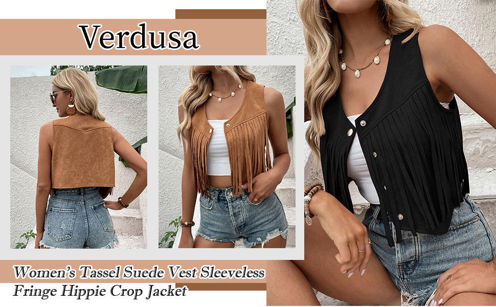 Verdusa Women''s Tassel Suede Vest Sleeveless Fringe Hippie Crop Jacket