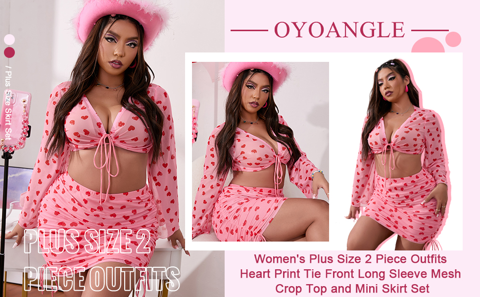 OYOANGLE Women''s Plus Size 2 Piece Outfits Heart Print Tie Front Mesh Crop Top and Mini Skirt Set