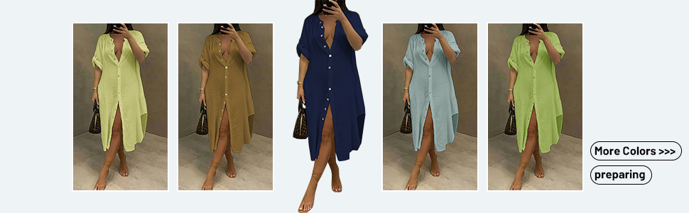 Women''s Shirt Dress V Neck Long Roll Up Sleeve Loose Casual Front Button Dresses