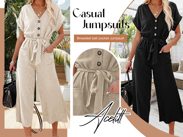 Acelitt Women''s Sexy V Neck Jumpsuits Elegant Straight Long Pants Short Sleeve Rompers with Pockets