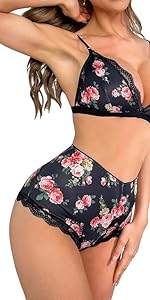 Women&#39;s Floral Print Contrast Lace 2 Piece Lingerie Set Bra and Panty