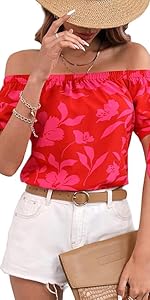 Women&amp;#39;s Floral Print Off The Shoulder Short Sleeve Tie Knot Cuff Blouse Tops