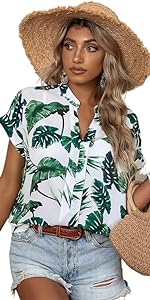 Women&#39;s Tropical Leaf Print Notched Neck Batwing Short Sleeve Blouse Top