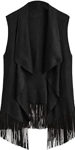 Women&#39;s Fringe Trim Sleeveless Lapel Open Front Vest Jacket Cardigan