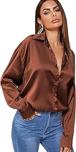 Women&#39;s Satin Silk Long Sleeve Button Down Shirt Office Work Blouse Top