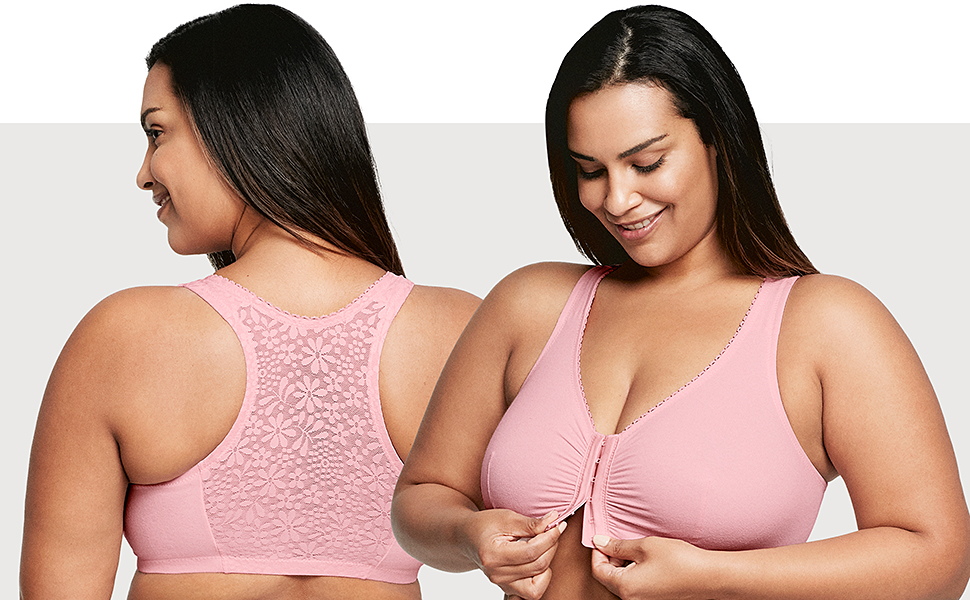 Model wears Glamorise Front-Closure Cotton T-Back Comfort Bra