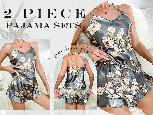 Women''s 2 Piece Pajama Sets Ruffle Floral Print Silk Stain Camisole Shorts Lounge Sleepwear Pjs Set