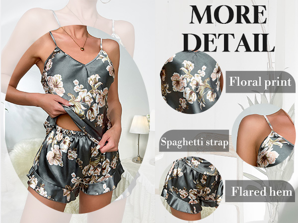 Women''s 2 Piece Pajama Sets Ruffle Floral Print Silk Stain Camisole Shorts Lounge Sleepwear Pjs Set