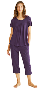 women bamboo viscose short sleeves sleep top capri pants pajama set