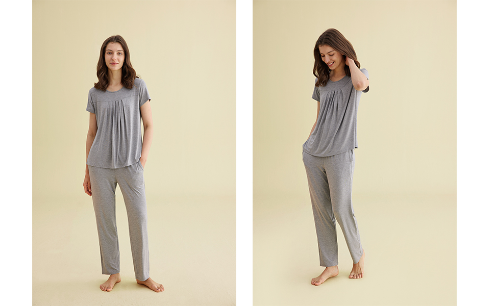 women bamboo viscose short sleeves sleep top pants pajama set