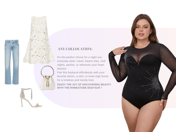 Women''s Plus Size Bodysuit Rhinestone Mesh Body Suit Long Sleeve