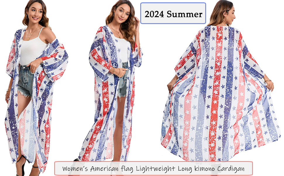 2024 Summer Lightweight Swimsuit Cover Up Loose American flag Kimono for Women