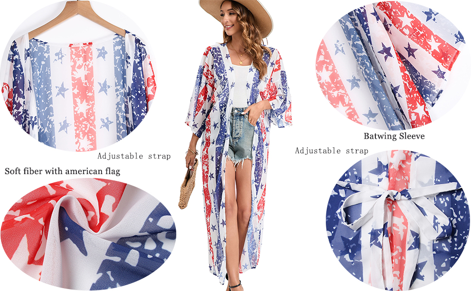 Women&#39;s Long Kimono Cardigan American flag Loose Beach Cover Up Robe