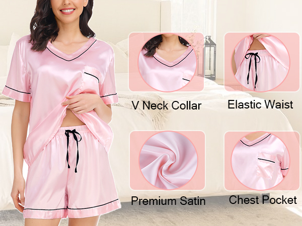 Women Silk Satin Pajamas short  Sleeve Loungewear 2pcs Button-Down Pj Set