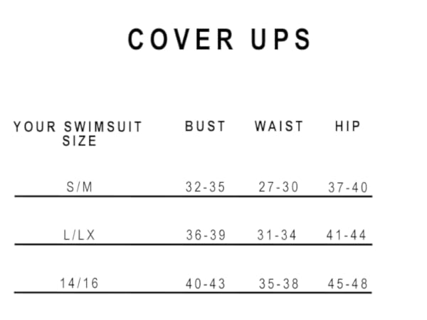 Sunsets Cover up size chart