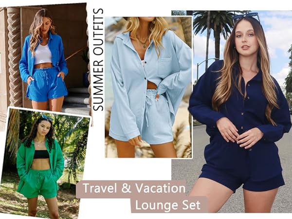 womens vacation outfits loungewear long sleeve shorts set