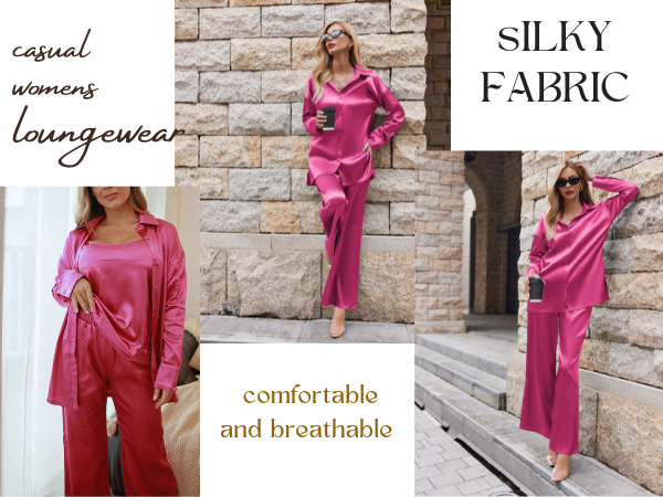 Ekouaer 3 Piece Womens Silk Satin Pajamas