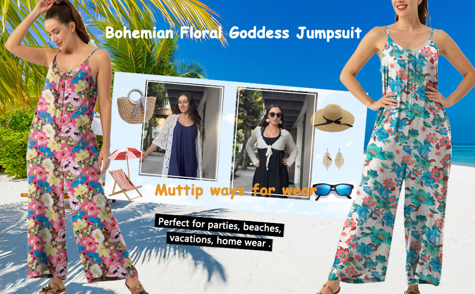 KMAZN Womens Casual Loose Sleeveless Bohemian Beach Jumpsuits