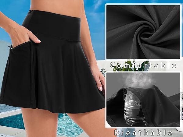 Bikini Bottoms Skort with Zipper Pocket Swim Skirt