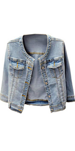 Women''s Collarless Denim Jackets Three Quarter Coat