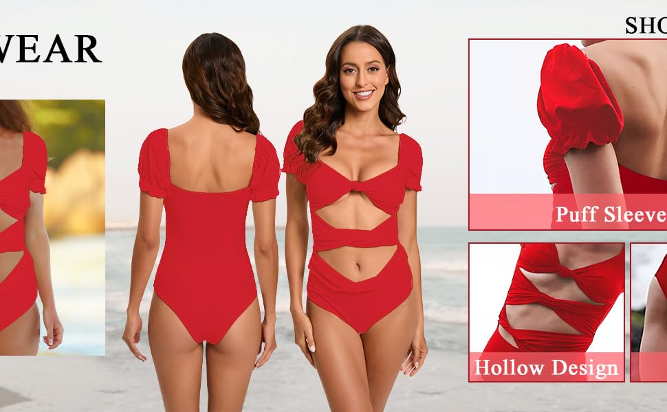 Red Puff Sleeve Swimsuit for Women