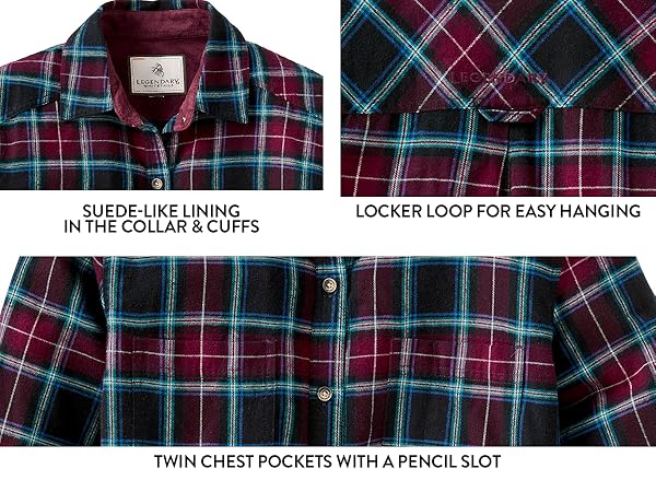 Suede, suede-like lining, locker look for easy hanging, chest pockets with flaps, women, plaid, soft