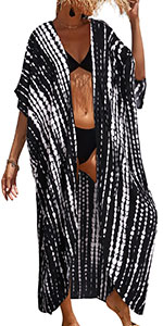 Womens Stripes Beach Kimono Cardigan Summer Open Front Long Bathing Suit Cover Ups with Drawstring