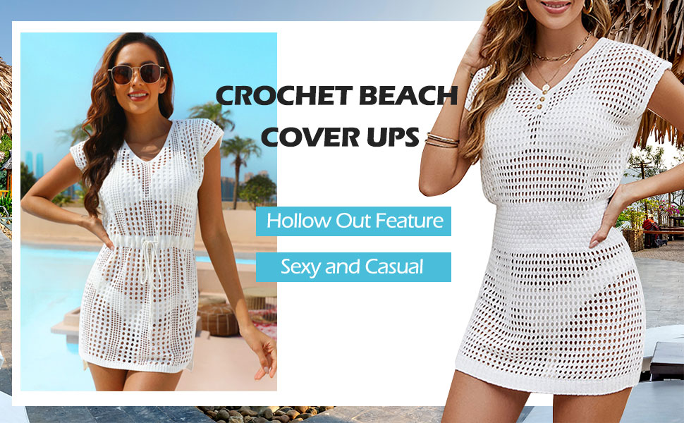 Women''s Swimsuit Coverup Crochet Bikini Cover Ups Hollow Out Short Sleeve Beach Cover Up