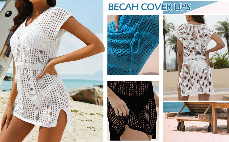 Women Swimsuit Crochet Hollow Out Swim Cover Up Bikini Swimwear Knit Mesh Tunic Beach Dress