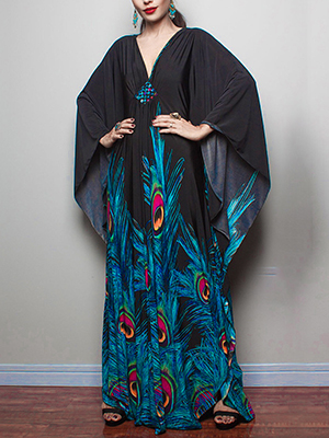 Peacock print bohemian long dress