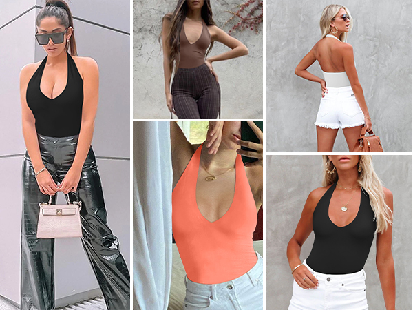 Women''s Sexy Casual Halter V Neck Sleeveless Backless Slimming Y2k Tank Top Bodysuits