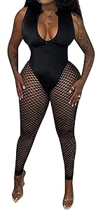 Women V Neck Fishnet Bodycon Jumpsuit