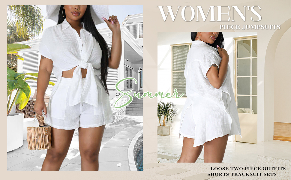 Women''s 2 Piece Casual Outfits Button Down Shirt and Shorts Sweatsuit Sets 