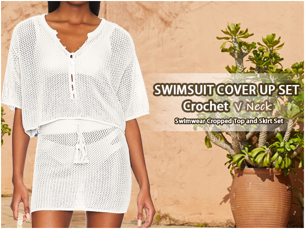 women crochet v neck cover up set