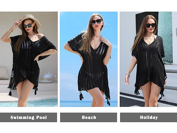 swimming pool beach holiday travel swimsuit bikini coverups 2023 v neck tassels black white pink 