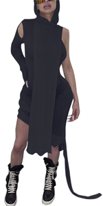 Women''s Sexy Hooded See Through Bodycon Dress Ribbed Knitted One Shoulder Dress Party Outfits