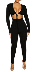 Women''s Sexy Long Sleeve Drawstring High Waist Bodycon Jumpsuits One Piece Outfits