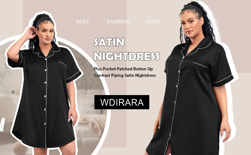 WDIRARA Women''s Plus Size Sleepwear Button Front Contrast Binding Pocket Satin Nightdress