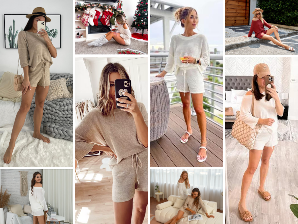 Womens 2 Piece Outfits Sweater Sets Off Shoulder Knit Tops Waist Short Suits Casual Pajama Set