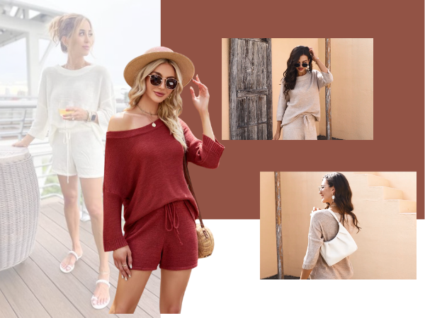 Womens 2 Piece Outfits Sweater Sets Off Shoulder Knit Tops Waist Short Suits Casual Pajama Set