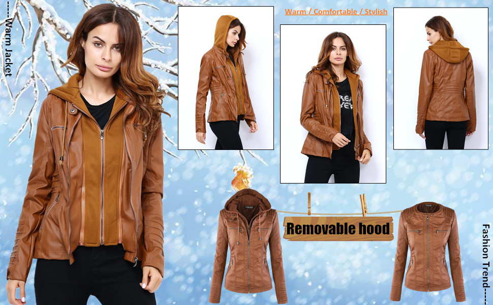 Newbestyle Womens Hooded Faux Leather Moto Biker Short Jacket Quilted Zip Up Coats