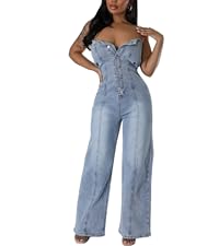 REASERAL Womens Denim Jumpsuits Button Sleeveless Tube Top Wide Leg Jeans Summer Going Out Jumpsuits