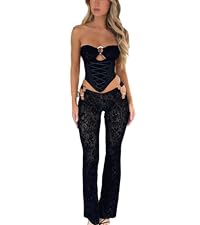 REASERAL Womens Sexy 2 Piece Outfits Lace Up Band Top Ring Cutout Long Pants Sexy Club Sets