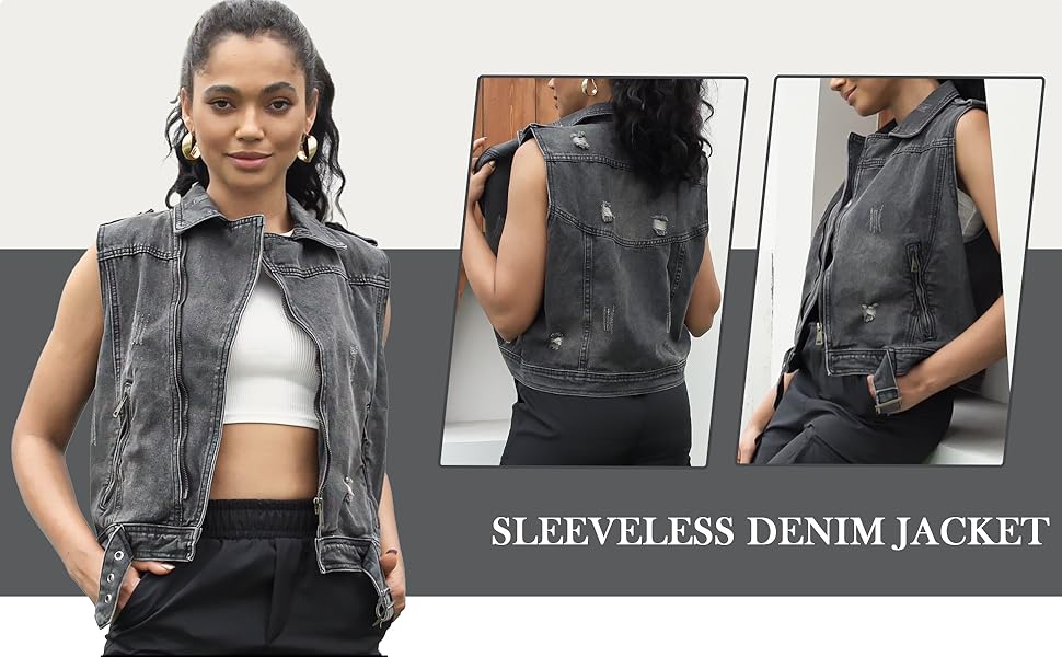 Womens Juniors Black Denim Ripped Sleeveless Crop Jacket Jean Vest