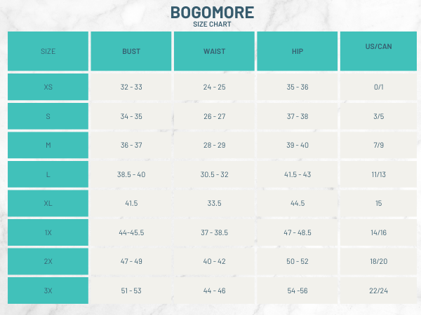 Bogomore Size Charts