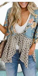 Women Floral Kimono Cardigans 3/4 Ruffle Sleeve Loose Cover Ups